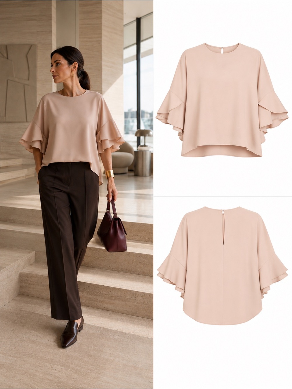 IRO Paris Ultra Blush Nude Ruffle Sleeve High Low Blouse Top Size FR 38 US 6